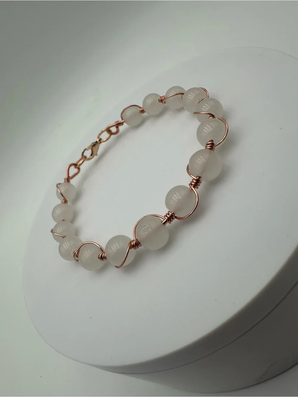 Milky White Beaded Bracelet Handmade Wire Wrapped Copper Boho Jewelry Gift